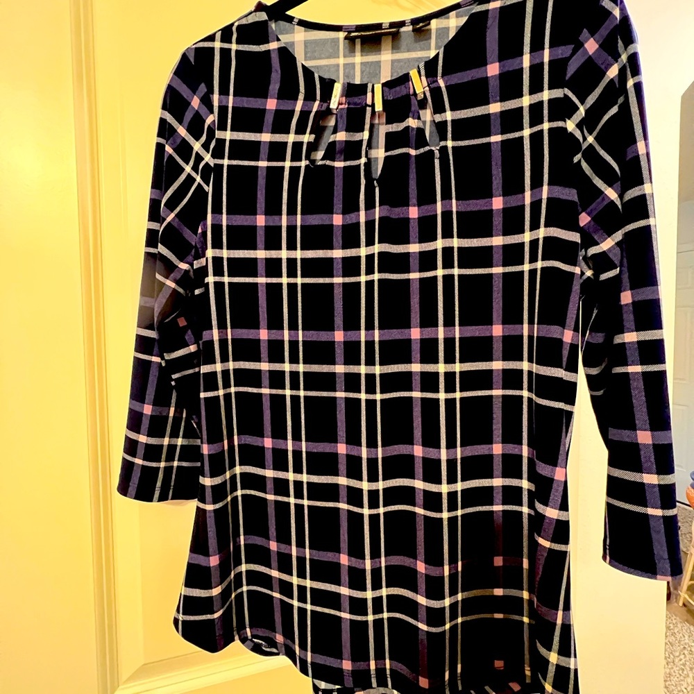 7th Avenue Design Studio New York & Company, blue and purple plaid blouse size M